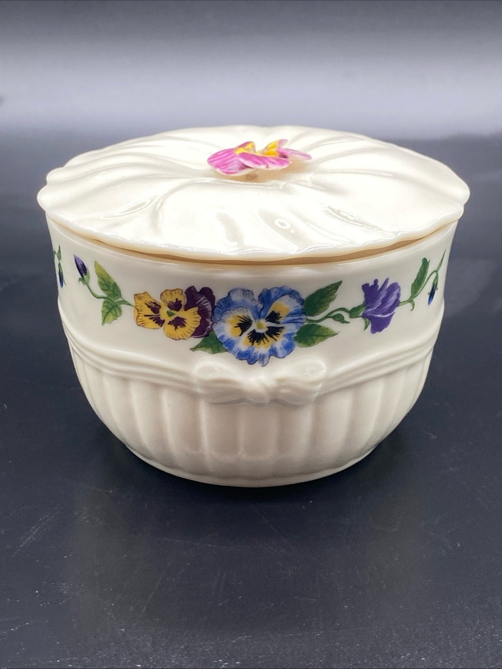 Floral Pansy Ceramic Trinket Jar with Lid - Cream Made in Ireland by Belleek
